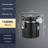 Black 304 Stainless Steel Airtight Coffee Canister 1500ml Vacuum Seal Storage Jar with Date Tracker & Measuring Scoop for Coffee Beans Tea Storage