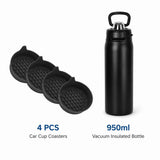 950ml Insulated Stainless Steel Bottle with 4PCS Silicone Anti-Slip Car Cup Coasters – Leakproof Travel Drink Set for Car & Home Use
