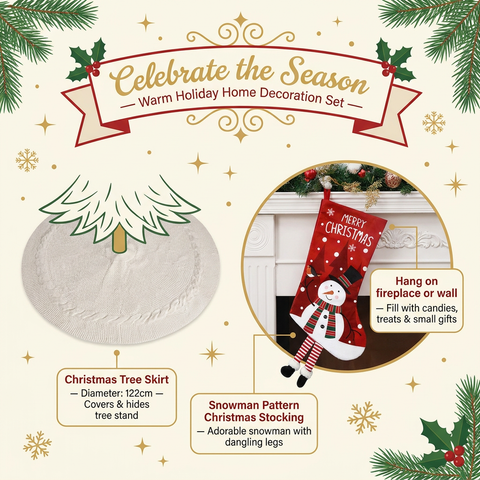 White Christmas tree skirt and snowman pattern stocking set - 122cm diameter tree skirt, holiday home decor set, reusable Christmas tree base cover and fireplace mantle stocking, suitable for living room and gift display