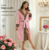 Women's Pink Coral Fleece Hooded Bathrobe with Leopard Print Trim (L)- Soft Plush Wrap Robe with Pockets and Tie Belt for Lounging In Australia - Darrahopens