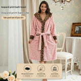 Women's Pink Coral Fleece Hooded Bathrobe with Leopard Print Trim (L)- Soft Plush Wrap Robe with Pockets and Tie Belt for Lounging In Australia - Darrahopens