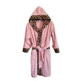Women's Pink Coral Fleece Hooded Bathrobe with Leopard Print Trim (L)- Soft Plush Wrap Robe with Pockets and Tie Belt for Lounging