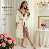 Women's White Coral Fleece Hooded Bathrobe with Leopard Print Trim (L)- Soft Plush Wrap Robe with Pockets and Tie Belt for Lounging In Australia - Darrahopens