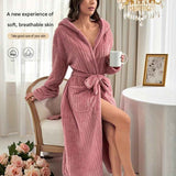 Women's Pink Coral Fleece Hooded Bathrobe (S)- Soft Plush Long Sleeve Wrap Robe with Tie Belt, Highly Absorbent Loungewear for Home Spa and Winter Sleepwear In Australia - Darrahopens