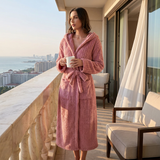 Women's Pink Coral Fleece Hooded Bathrobe (M)- Soft Plush Long Sleeve Wrap Robe with Tie Belt, Highly Absorbent Loungewear for Home Spa and Winter Sleepwear