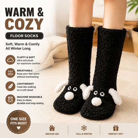 Cute Animal Plush Floor Socks - Black Puppy Thickened Coral Fleece Non-Slip Indoor Winter Warm Sleep Socks with Non-Slip Dots, Comfortable for Home Use In Australia - Darrahopens