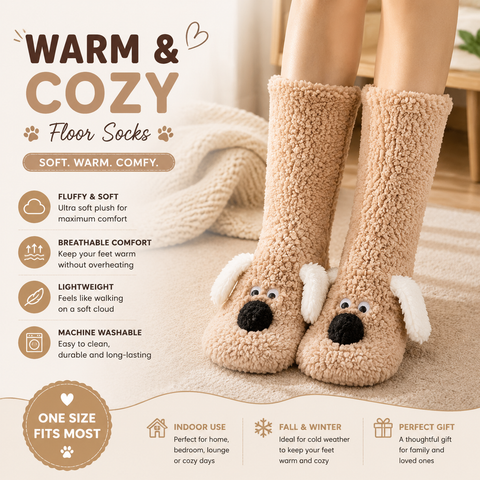 Cute Animal Plush Floor Socks - Light coffee Puppy Thickened Coral Fleece Non-Slip Indoor Winter Warm Sleep Socks with Non-Slip Dots, Comfortable for Home Use In Australia - Darrahopens