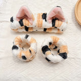 4PCS Spa Set Bath Wrap White bath towel Black and yellow stripes Cat Ear Headband Wristbands Coral Fleece Quick Dry Absorbent Skincare Shower Hair Wash Set Home Spa Gift