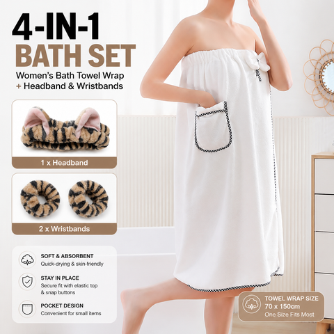 4PCS Spa Set Bath Wrap White bath towel Black and brown stripes Cat Ear Headband Wristbands Coral Fleece Quick Dry Absorbent Skincare Shower Hair Wash Set Home Spa Gift In Australia - Darrahopens