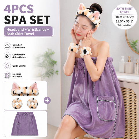 4PCS Spa Set Bath Wrap Purple bath towel Black and yellow stripes Cat Ear Headband Wristbands Coral Fleece Quick Dry Absorbent Skincare Shower Hair Wash Set Home Spa Gift In Australia - Darrahopens