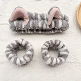 4PCS Spa Set Bath Wrap Purple bath towel Gray and Purple stripes Cat Ear Headband Wristbands Coral Fleece Quick Dry Absorbent Skincare Shower Hair Wash Set Home Spa Gift