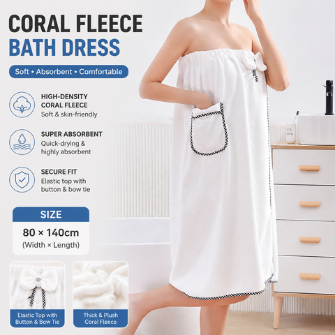 White Women's Coral Fleece Wearable Bath Towel Wrap - 80x140cm With Elastic Band, Snap Button and Pocket for Home Spa Travel In Australia - Darrahopens