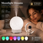 Moonlight Dreams Moon Lamp Humidifier Night Light USB Aroma Diffuser with Astronaut Figurine 7-Color LED Galaxy Bedroom Decor Gift for Kids & Adults (White base version)