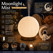Moonlight Dreams Moon Lamp Humidifier Night Light USB Aroma Diffuser with Astronaut Figurine 7-Color LED Galaxy Bedroom Decor Gift for Kids & Adults (Light wood grain base) In Australia - Darrahopens