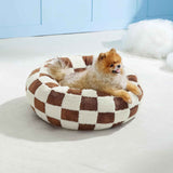 Small Medium Pet Donut Bed (Coffee plaid)-40cm outer diameter, Soft Plush Round Dog Bed and Cat Bed with Raised Rim, Cozy Calming Pet Sleeping Cushion, Checkered Washable Puppy Bed for Indoor Small Dogs Cats and Kittens