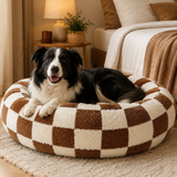 Small Medium Pet Donut Bed (Coffee plaid)-40cm outer diameter, Soft Plush Round Dog Bed and Cat Bed with Raised Rim, Cozy Calming Pet Sleeping Cushion, Checkered Washable Puppy Bed for Indoor Small Dogs Cats and Kittens In Australia - Darrahopens