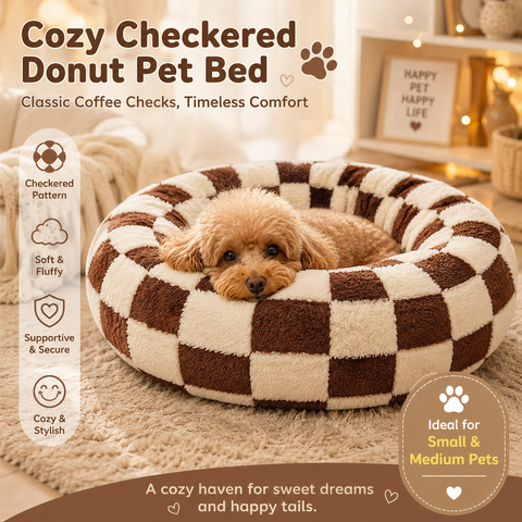 Small Medium Pet Donut Bed (Coffee plaid)-60cm outer diameter, Soft Plush Round Dog Bed and Cat Bed with Raised Rim, Cozy Calming Pet Sleeping Cushion, Checkered Washable Puppy Bed for Indoor Small Dogs Cats and Kittens In Australia - Darrahopens