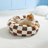 Small Medium Pet Donut Bed (Coffee plaid)-60cm outer diameter, Soft Plush Round Dog Bed and Cat Bed with Raised Rim, Cozy Calming Pet Sleeping Cushion, Checkered Washable Puppy Bed for Indoor Small Dogs Cats and Kittens In Australia - Darrahopens