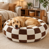 Medium Large Pet Donut Bed (Coffee plaid)-70cm outer diameter, Soft Plush Round Dog Bed and Cat Bed with Raised Rim, Cozy Calming Pet Sleeping Cushion, Checkered Washable Dog Bed for Medium Large Dogs and Cats In Australia - Darrahopens