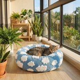 Small Medium Pet Donut Bed-50cm outer diameter, Soft Plush Round Dog Bed and Cat Bed with Raised Rim, Cozy Calming Pet Sleeping Cushion, Blue Cloud Pattern Washable Pet Bed for Small Medium Dogs Cats Puppies and Kittens