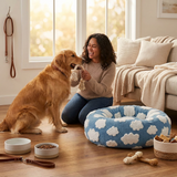 Medium Large Pet Donut Bed (Blue background with white clouds)-70cm outer diameter, Soft Plush Round Dog Bed and Cat Bed with Raised Rim, Cozy Calming Pet Sleeping Cushion, Blue Cloud Pattern Washable Pet Bed for Medium Large Dogs and Cats