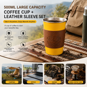 Yellow 304 Stainless Steel Camping Coffee Cup  with Leather Sleeve – 500ml Portable Outdoor Drinking Cup, Beer Cup, Travel Mug for Camping, Hiking, Picnic and Daily Coffee In Australia - Darrahopens