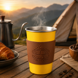 Yellow 304 Stainless Steel Camping Coffee Cup  with Leather Sleeve – 500ml Portable Outdoor Drinking Cup, Beer Cup, Travel Mug for Camping, Hiking, Picnic and Daily Coffee
