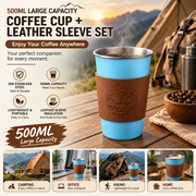 Blue 304 Stainless Steel Camping Coffee Cup  with Leather Sleeve – 500ml Portable Outdoor Drinking Cup, Beer Cup, Travel Mug for Camping, Hiking, Picnic and Daily Coffee In Australia - Darrahopens