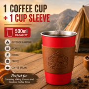 Red 304 Stainless Steel Camping Coffee Cup  with Leather Sleeve – 500ml Portable Outdoor Drinking Cup, Beer Cup, Travel Mug for Camping, Hiking, Picnic and Daily Coffee In Australia - Darrahopens
