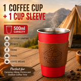 Red 304 Stainless Steel Camping Coffee Cup  with Leather Sleeve – 500ml Portable Outdoor Drinking Cup, Beer Cup, Travel Mug for Camping, Hiking, Picnic and Daily Coffee In Australia - Darrahopens