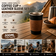 Black 304 Stainless Steel Camping Coffee Cup  with Leather Sleeve – 500ml Portable Outdoor Drinking Cup, Beer Cup, Travel Mug for Camping, Hiking, Picnic and Daily Coffee In Australia - Darrahopens