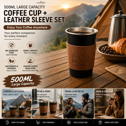 Black 304 Stainless Steel Camping Coffee Cup  with Leather Sleeve – 500ml Portable Outdoor Drinking Cup, Beer Cup, Travel Mug for Camping, Hiking, Picnic and Daily Coffee In Australia - Darrahopens