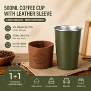 Green 304 Stainless Steel Camping Coffee Cup  with Leather Sleeve – 500ml Portable Outdoor Drinking Cup, Beer Cup, Travel Mug for Camping, Hiking, Picnic and Daily Coffee In Australia - Darrahopens