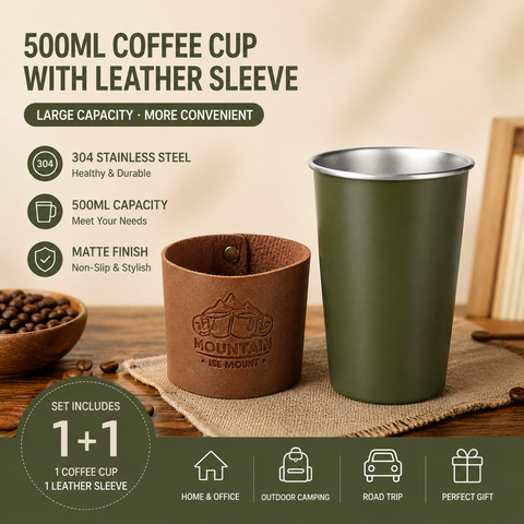 Green 304 Stainless Steel Camping Coffee Cup  with Leather Sleeve – 500ml Portable Outdoor Drinking Cup, Beer Cup, Travel Mug for Camping, Hiking, Picnic and Daily Coffee In Australia - Darrahopens