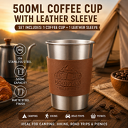 Silver 304 Stainless Steel Camping Coffee Cup  with Leather Sleeve – 500ml Portable Outdoor Drinking Cup, Beer Cup, Travel Mug for Camping, Hiking, Picnic and Daily Coffee In Australia - Darrahopens