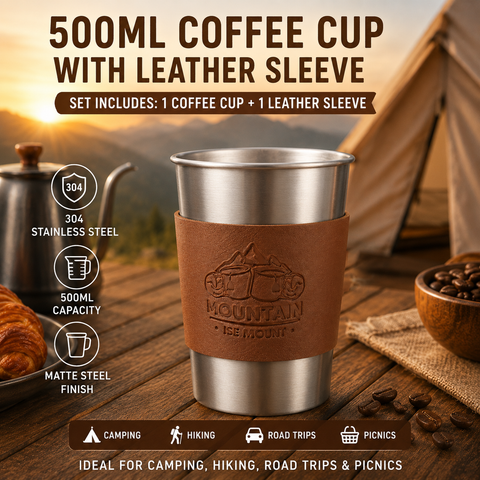 Silver 304 Stainless Steel Camping Coffee Cup  with Leather Sleeve – 500ml Portable Outdoor Drinking Cup, Beer Cup, Travel Mug for Camping, Hiking, Picnic and Daily Coffee In Australia - Darrahopens