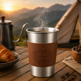 Silver 304 Stainless Steel Camping Coffee Cup  with Leather Sleeve – 500ml Portable Outdoor Drinking Cup, Beer Cup, Travel Mug for Camping, Hiking, Picnic and Daily Coffee In Australia - Darrahopens