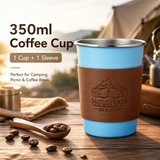 Blue 304 Stainless Steel Camping Coffee Cup  with Leather Sleeve – 350ml Portable Outdoor Drinking Cup, Beer Cup, Travel Mug for Camping, Hiking, Picnic and Daily Coffee