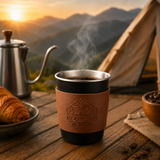 Black 304 Stainless Steel Camping Coffee Cup  with Leather Sleeve – 350ml Portable Outdoor Drinking Cup, Beer Cup, Travel Mug for Camping, Hiking, Picnic and Daily Coffee