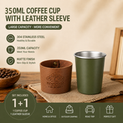Green 304 Stainless Steel Camping Coffee Cup  with Leather Sleeve – 350ml Portable Outdoor Drinking Cup, Beer Cup, Travel Mug for Camping, Hiking, Picnic and Daily Coffee