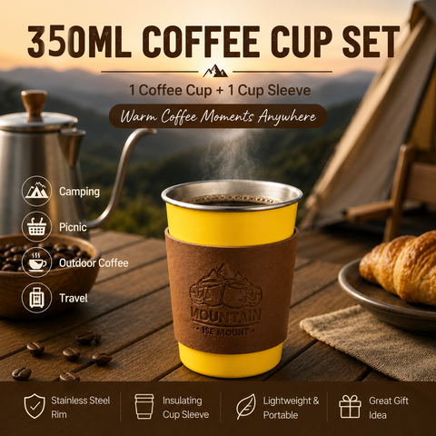 Yellow 304 Stainless Steel Camping Coffee Cup  with Leather Sleeve – 350ml Portable Outdoor Drinking Cup, Beer Cup, Travel Mug for Camping, Hiking, Picnic and Daily Coffee In Australia - Darrahopens