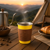 Yellow 304 Stainless Steel Camping Coffee Cup  with Leather Sleeve – 350ml Portable Outdoor Drinking Cup, Beer Cup, Travel Mug for Camping, Hiking, Picnic and Daily Coffee In Australia - Darrahopens