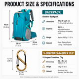 Gray Hiking Backpack with 5 Carabiners Included – Lightweight Waterproof Outdoor Daypack for Men and Women, Breathable Cycling Hiking Trekking Camping Travel Backpack