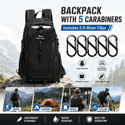 Black Hiking Backpack with 5 Carabiners Included – Lightweight Waterproof Outdoor Daypack for Men and Women, Breathable Cycling Hiking Trekking Camping Travel Backpack In Australia - Darrahopens