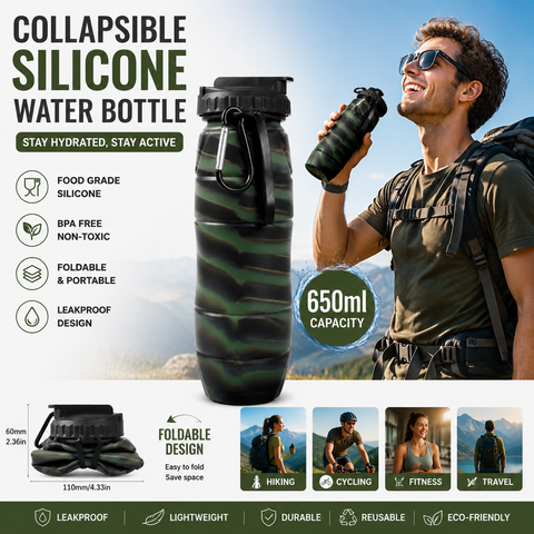 Camouflage green Collapsible Silicone Water Bottle - 650ml Foldable Travel Bottle with Straw Lid, Food Grade Silicone Hiking Flask, Leak Resistant Portable Water Bottle for Outdoor Sports Fitness Cycling In Australia - Darrahopens