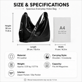 Black PU Leather Shoulder Bag - Large Capacity Hobo Handbag with Adjustable Strap, Soft Slouch Tote Purse for Women Daily Commute Shopping Travel and Casual Outings