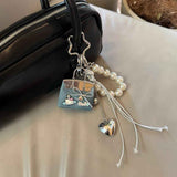 Blue Mini PU Leather Bag Charm Keychain with Pearl Bow Pendant Cute Handbag Accessories for Women Girls, Fashion Decorative Key Ring Hanging Ornament Gift In Australia - Darrahopens