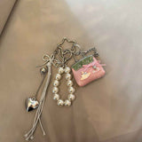Pink Mini PU Leather Bag Charm Keychain with Pearl Bow Pendant Cute Handbag Accessories for Women Girls, Fashion Decorative Key Ring Hanging Ornament Gift