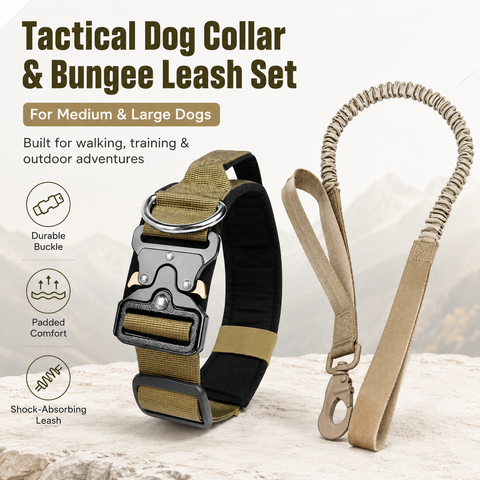 Khaki Tactical Dog Collar and Bungee Lead Set (XL size) - Padded Quick Release Collar with Control Handle and Shock Absorbing Leash for Medium and Large Dogs In Australia - Darrahopens