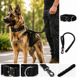 Black Tactical Dog Collar and Bungee Lead Set (M size) - Padded Quick Release Collar with Control Handle and Shock Absorbing Leash for Medium and Large Dogs